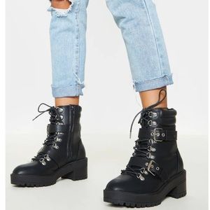 Black Hiker Double Buckle Cleated Ankle Boots